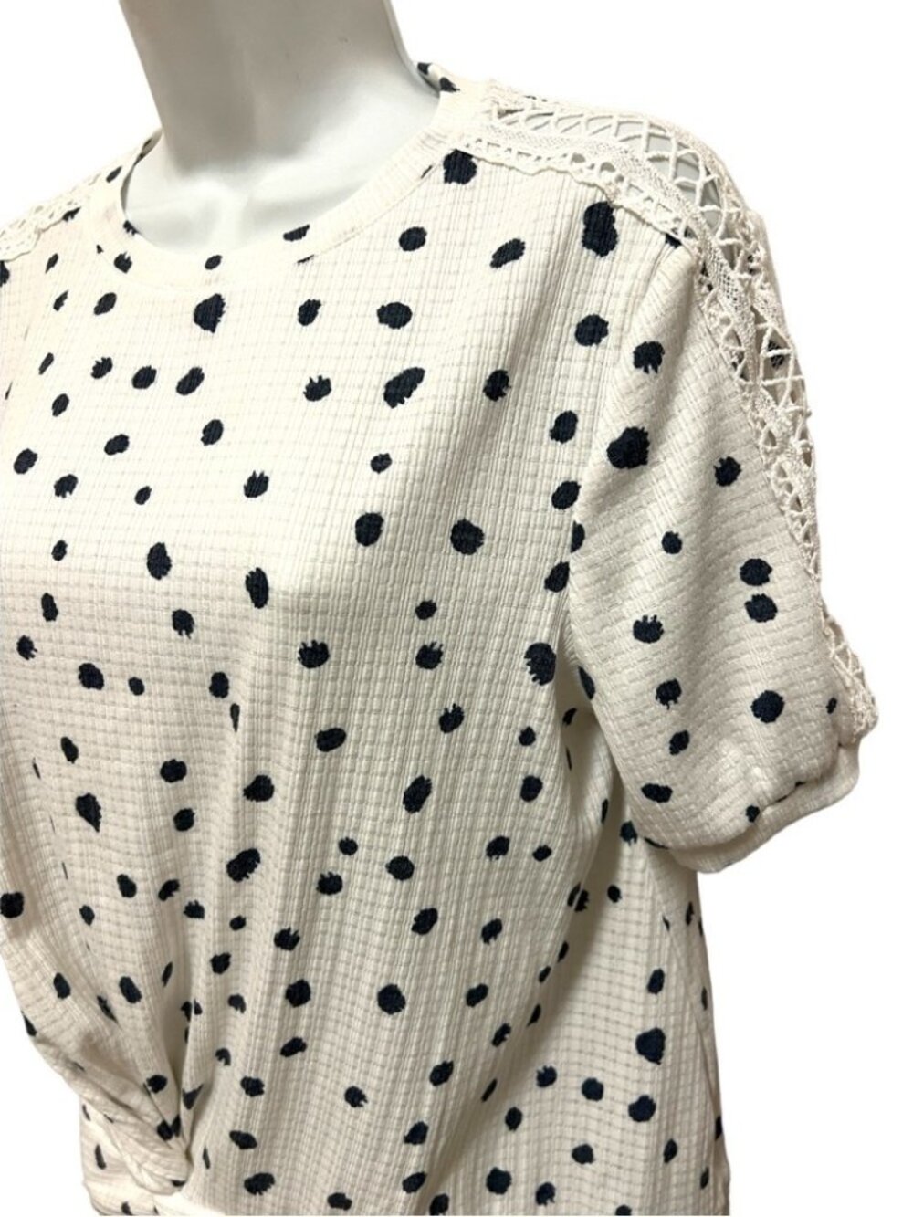 Navy Polka Dot Print Crochet Knot Crew Short Sleeve Top - Picture 2 of 3